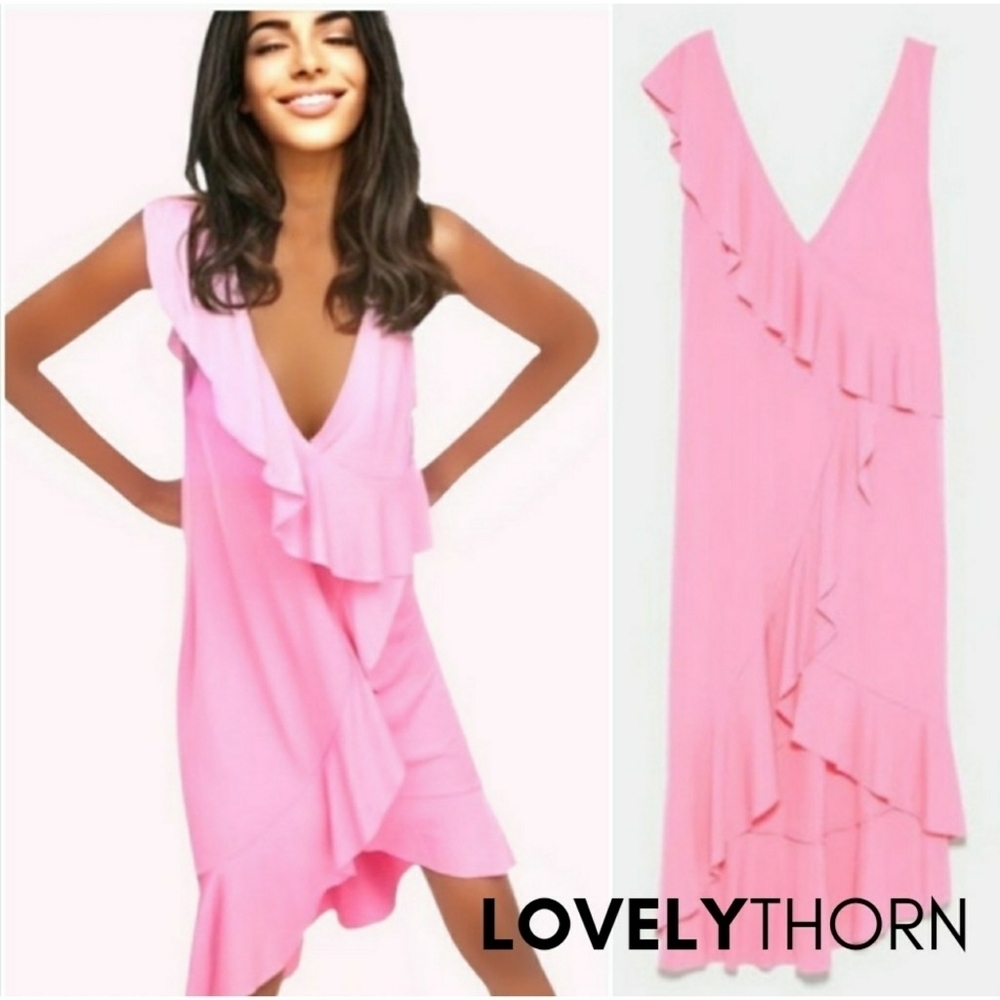 ZARA // fashion blogger fave bubble gum pink ruffle faux wrap dress